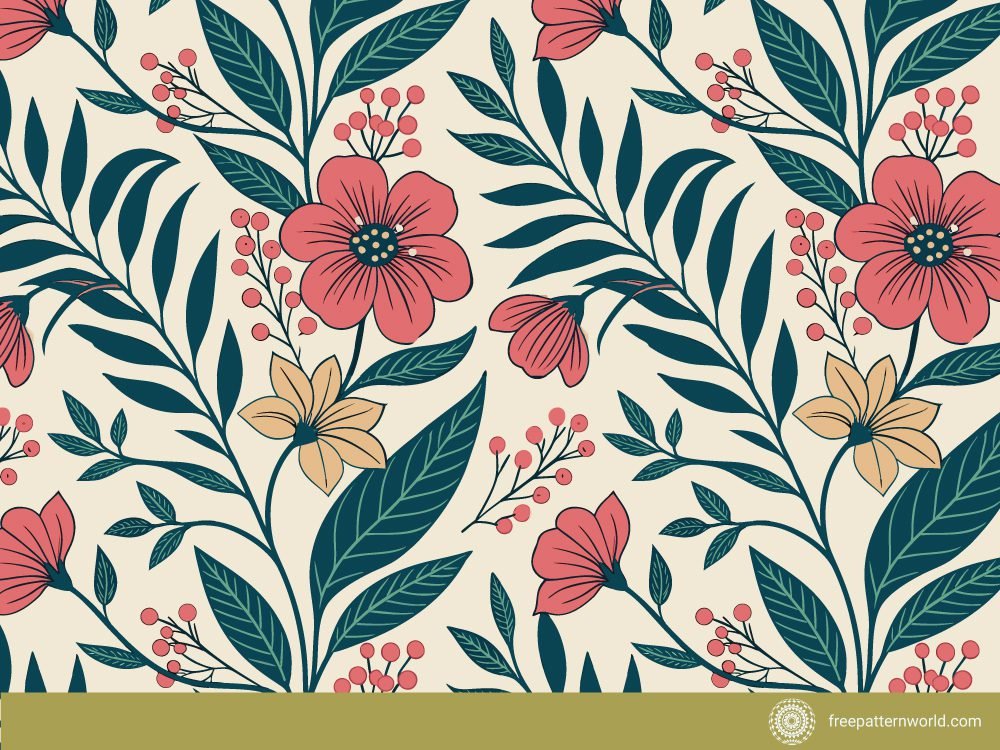 A seamless and dense maximalist floral pattern with a vintage feel. The design features stylized salmon-pink and pale-yellow flowers, dark teal leaves, and small bunches of berries on a light cream background.