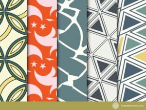 A vibrant collage showcasing five different vertical strips of top modular geometric patterns, ranging from floral and celestial motifs to abstract and triangle-based designs.