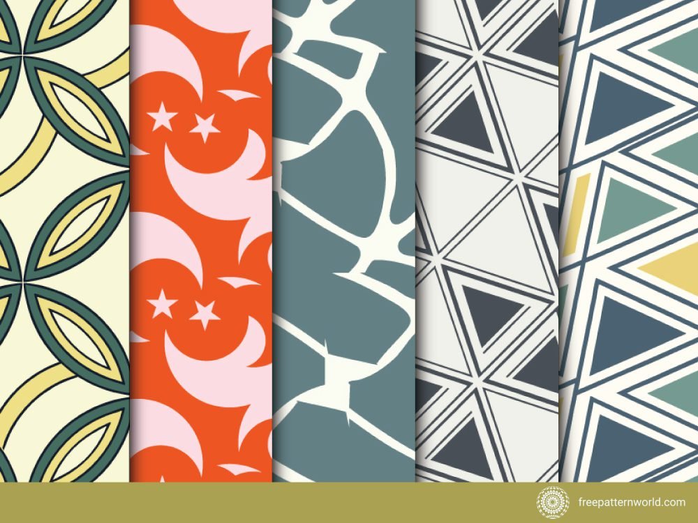 A vibrant collage showcasing five different vertical strips of top modular geometric patterns, ranging from floral and celestial motifs to abstract and triangle-based designs.