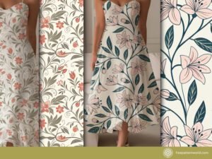 An image collage displaying two elegant floral print designs, each shown as a flat pattern and mocked up on a woman's summer dress. The left design features small coral flowers and swirling vines, while the right design showcases larger pink lilies with dark green leaves.