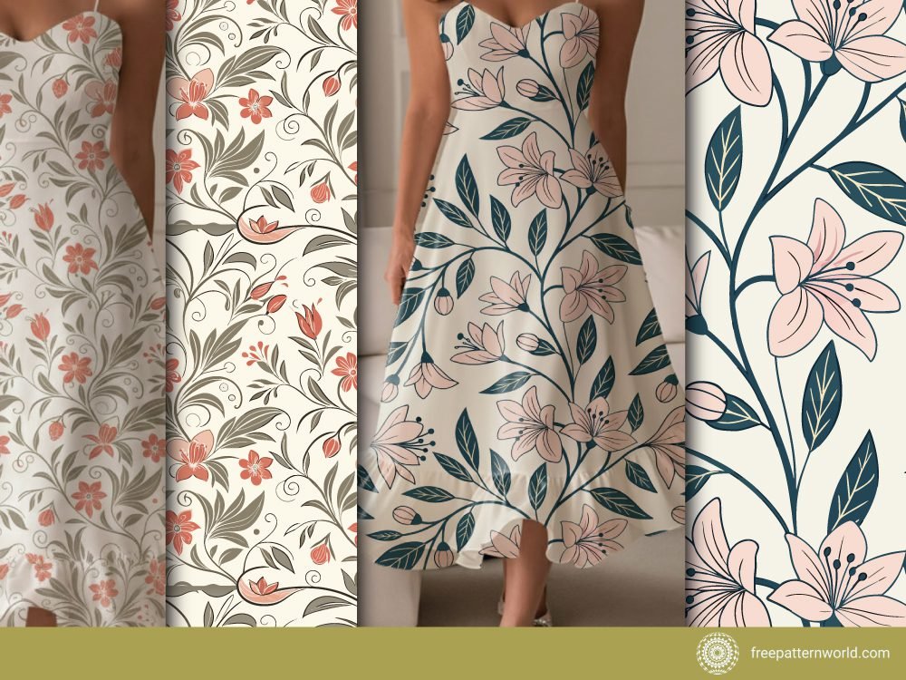 An image collage displaying two elegant floral print designs, each shown as a flat pattern and mocked up on a woman's summer dress. The left design features small coral flowers and swirling vines, while the right design showcases larger pink lilies with dark green leaves.